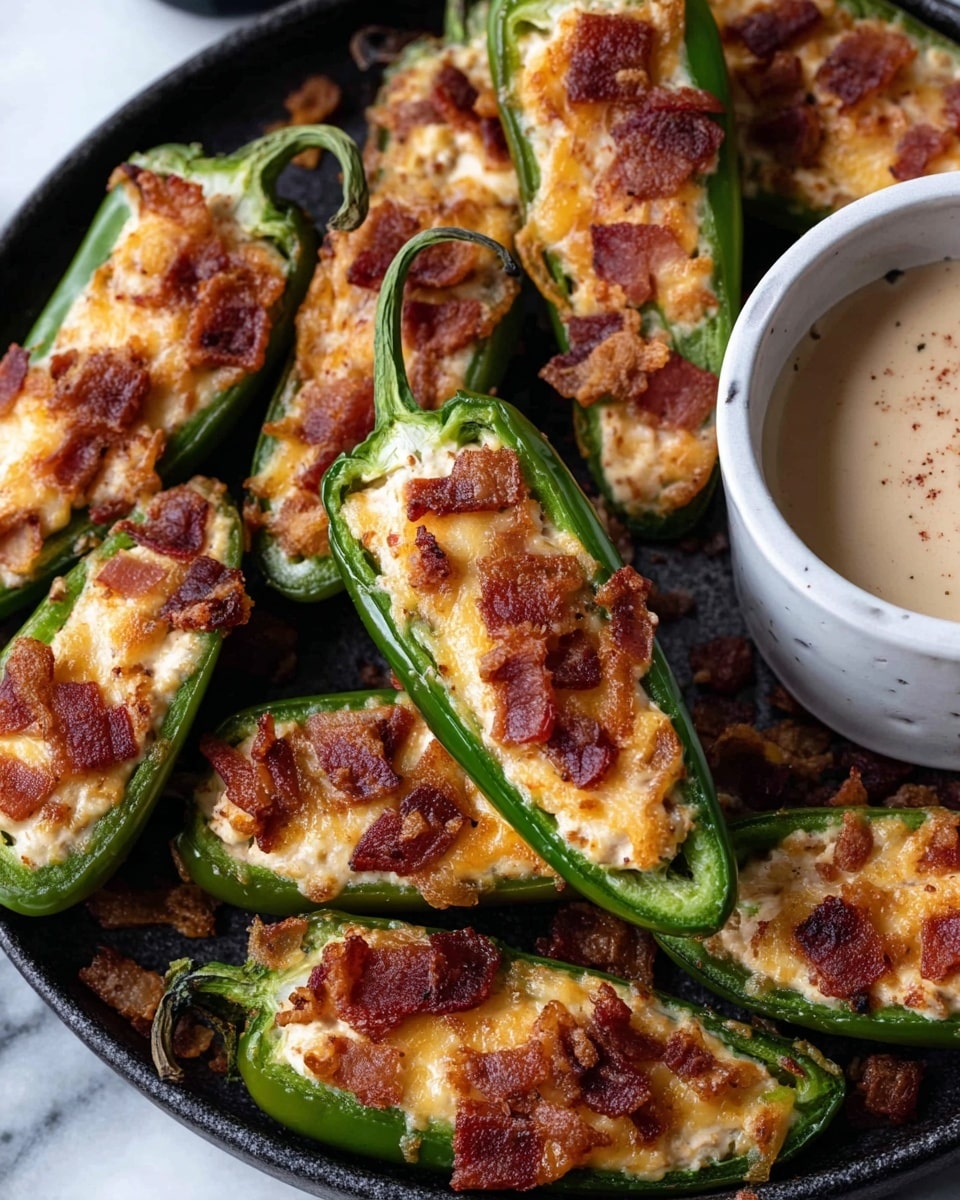 The image shows several green jalapeño peppers cut in half and filled with a creamy, light orange cheese mixture. Each pepper half is topped with small, crispy brown bacon pieces scattered evenly over the filling. The jalapeños are arranged closely on a dark round tray, with some bacon bits resting on the tray. The green color of the pepper skin contrasts with the creamy cheese and the crunchy bacon bits on top. A white bowl with a light sauce is partly visible on the right side of the tray, set on a white marbled surface. photo taken with an iphone --ar 4:5 --v 7