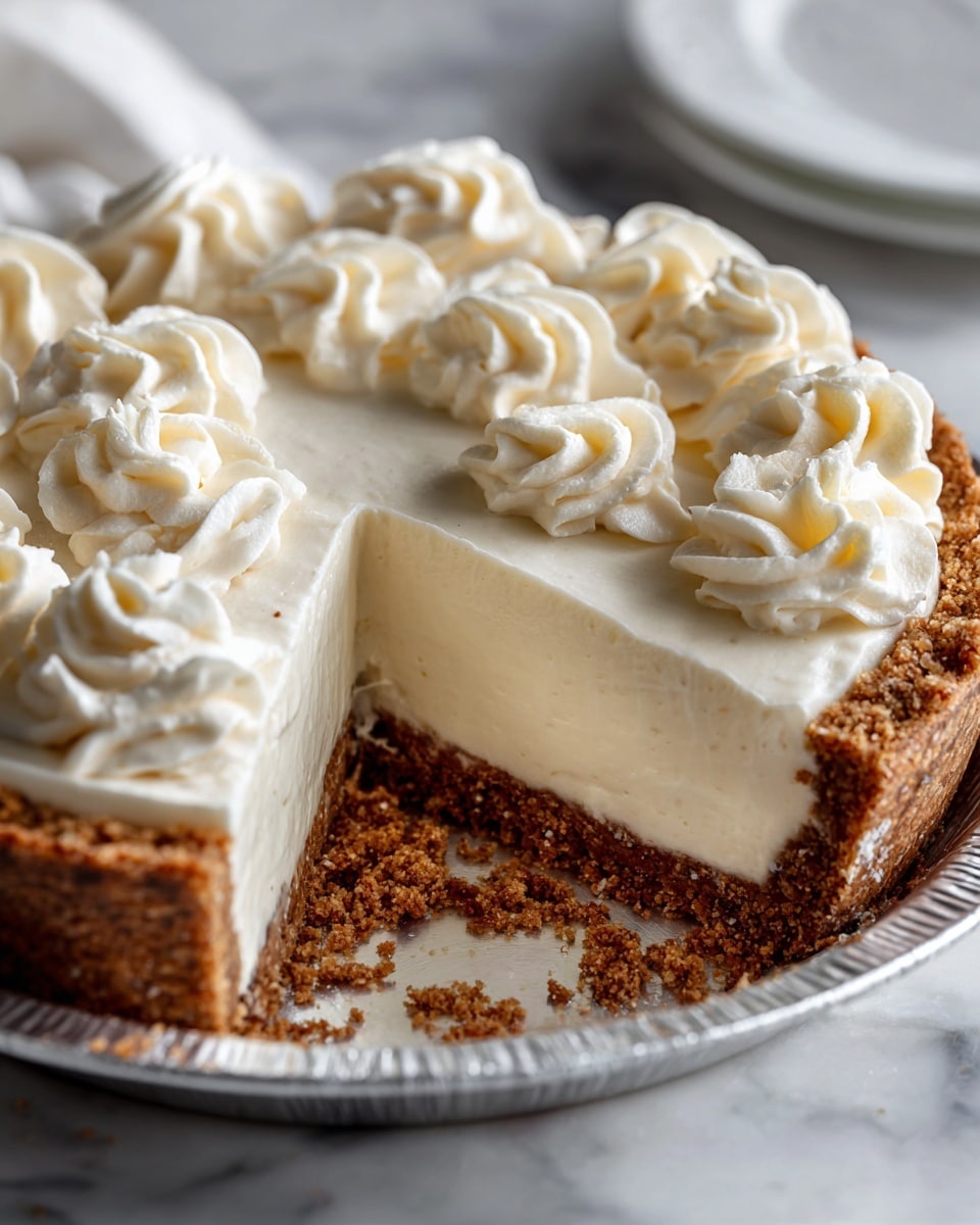 A three-layer pie with a crumbly brown base, a thick middle layer of smooth white cream filling, and a top layer of whipped cream swirled evenly with additional whipped cream dollops around the edge, all placed in a silver pie tin on a white marbled surface. The pie has a wedge removed, showing the clean cut layers clearly. photo taken with an iphone --ar 4:5 --v 7