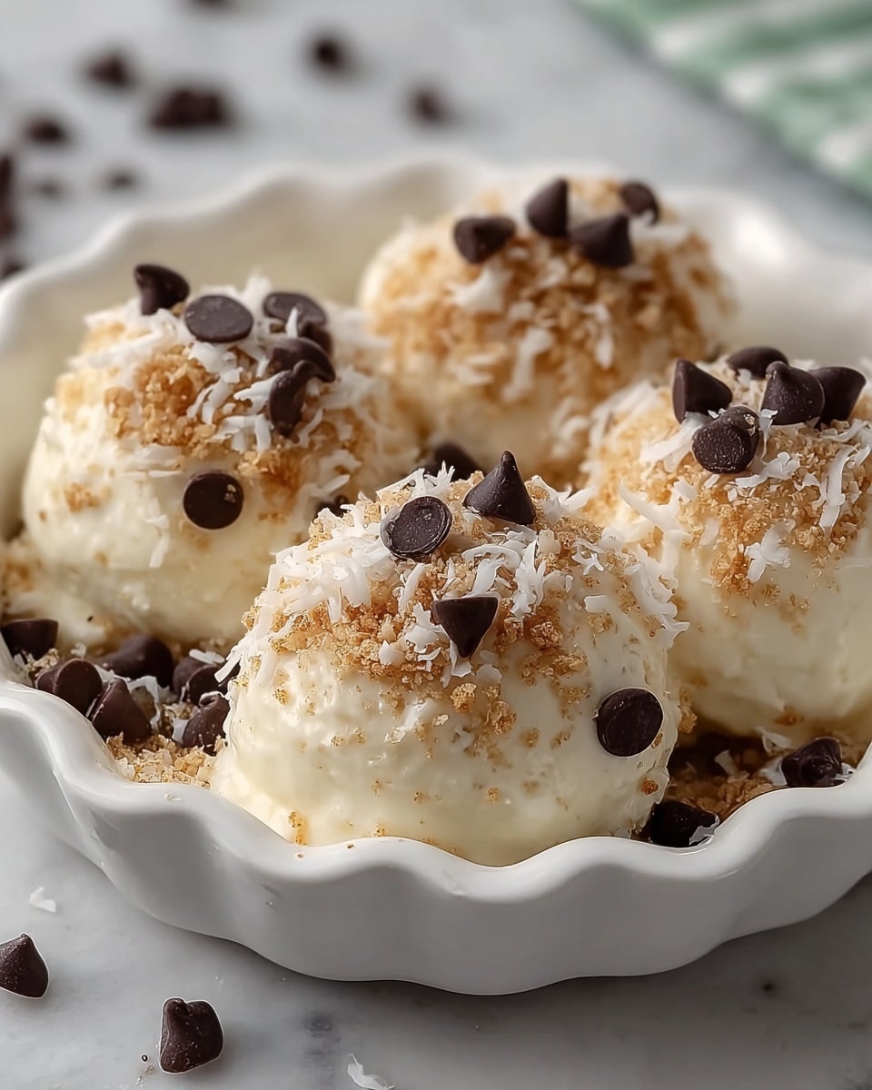 The image shows four creamy white scoops of dessert placed in a white, wavy-edged dish on a white marbled surface. Each scoop is topped with a layer of light brown crumbly texture, sprinkled with white shredded flakes, and decorated with dark brown chocolate chips, some round and some cone-shaped, scattered on top and around the edges of the scoops. The dessert looks soft and rich with contrasting textures on top. Photo taken with an iphone --ar 4:5 --v 7