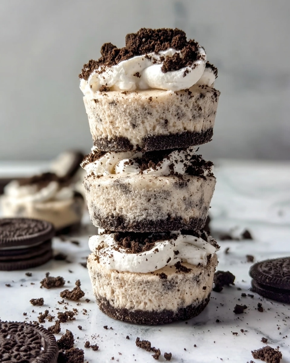 The image shows a stack of three Oreo cheesecake bites placed vertically on a white marbled surface. Each bite has a dark chocolate Oreo cookie at the bottom, topped with a thick layer of creamy, light beige cheesecake mixed with Oreo crumbs, giving it a speckled gray texture. The top layer on each bite is a fluffy white cream, sprinkled generously with crumbled Oreo pieces, adding a dark, crumbly texture to contrast the smooth cream. Around the stack, there are scattered Oreo crumbs and whole Oreo cookies partially visible. The background is simple with a clean white marbled texture. photo taken with an iphone --ar 4:5 --v 7