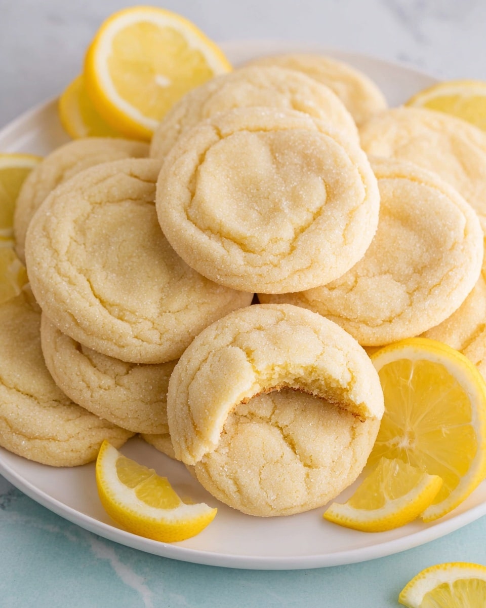 A white plate is filled with soft, light yellow sugar cookies that have a slightly cracked surface and a sugar-coated texture. One cookie near the front has a bite taken out of it, showing a soft inside. The cookies are stacked and overlapping in layers, with a total of about two to three visible layers. Bright yellow lemon slices and lemon wedges are placed around the cookies, adding a fresh and colorful contrast. The plate sits on a white marbled surface. photo taken with an iphone --ar 4:5 --v 7