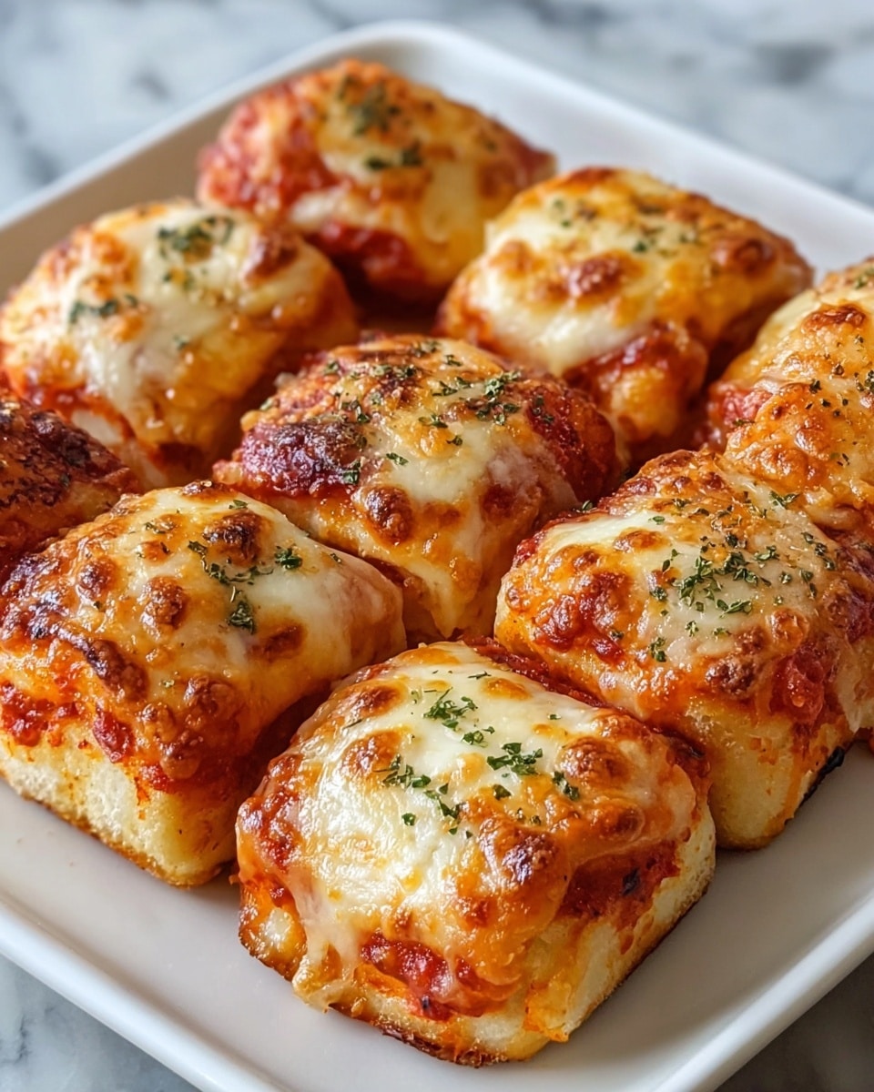 The image shows a white square plate filled with nine small square pizza rolls arranged close together. Each roll has three visible layers: the bottom dough layer is baked light golden brown, the middle layer is red tomato sauce peeking out slightly at the edges, and the top layer is melted, bubbly cheese with a golden brown crust. Small green herb flakes are sprinkled over the cheese, adding color contrast. The rolls have a soft, slightly puffy texture with crispy, browned edges. The plate is placed on a white marbled surface. photo taken with an iphone --ar 4:5 --v 7