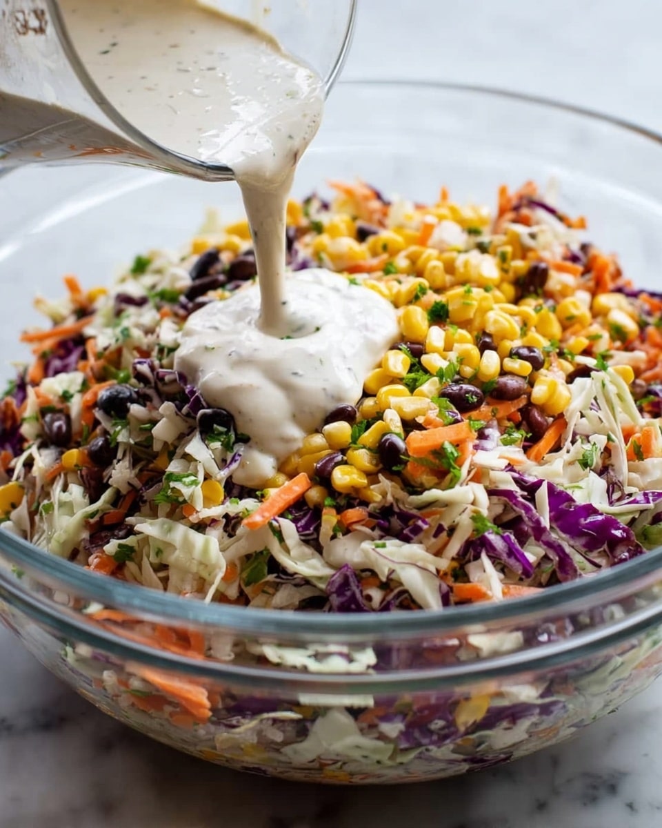 A large clear glass bowl filled with a colorful vegetable mix including shredded white cabbage, purple cabbage pieces, small orange carrot bits, yellow corn kernels, black beans, and chopped green herbs. On top of the mix, a creamy white dressing with a smooth texture is being poured from a clear measuring cup, forming a thick white layer over the vegetables. The bowl is placed on a white marbled surface, and the image is close-up showing the mix and dressing clearly. photo taken with an iphone --ar 4:5 --v 7
