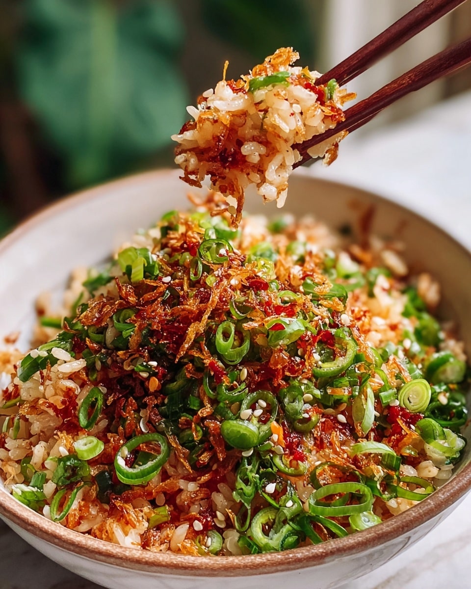 A close-up view of a white bowl filled with two main layers: the base layer is light brown cooked rice, and the top layer has thinly sliced bright green scallions, small red chili flakes, white sesame seeds, and crispy golden-brown fried onions scattered evenly. The rice has a slightly oily texture with some shiny chili oil droplets. A pair of brown chopsticks held by a woman's hand picks up some of the rice and toppings from the bowl. The bowl sits on a surface with a white marbled texture, softly lit with a blurred green background. photo taken with an iphone --ar 4:5 --v 7
