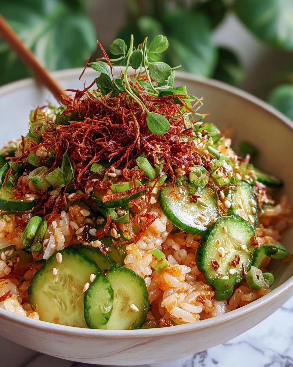 A close-up of a bowl of rice mixed with thinly sliced cucumbers and chopped green onions, topped with finely shredded reddish-brown dried meat strips, sesame seeds, and small green leafy herbs. The rice layer looks soft and slightly wet with a light orange sauce or seasoning, while the cucumber slices provide a fresh green contrast mainly on the sides. The bowl is white with a simple, smooth edge. The background shows some blurred green plants and a white marbled surface underneath. photo taken with an iphone --ar 4:5 --v 7