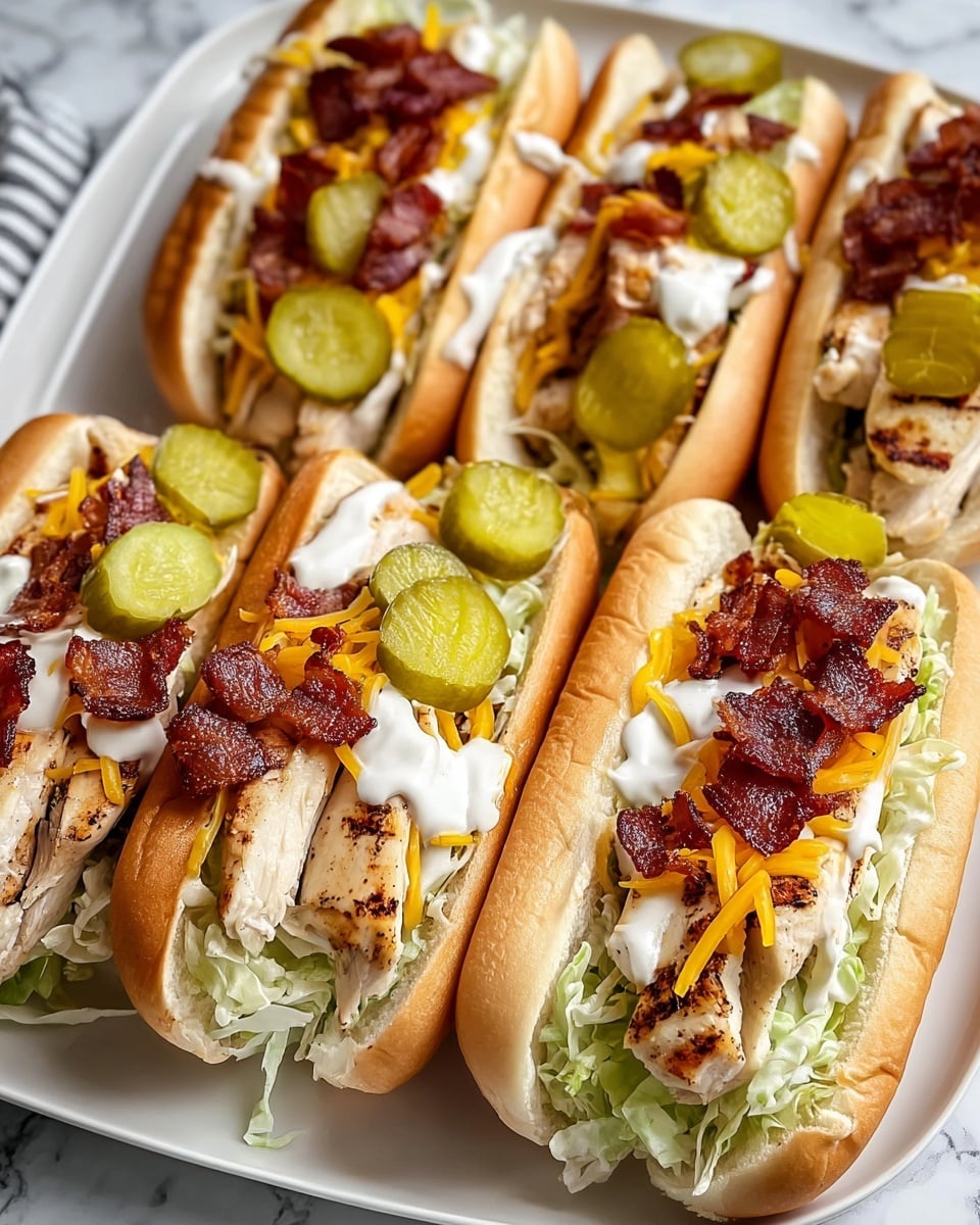 Four hot dogs are placed on a large white plate on a white marbled surface. Each hot dog bun is soft and light brown, split open and filled with grilled chicken pieces that are white with dark grill marks. The chicken is layered on shredded green lettuce and drizzled with white sauce. On top of the chicken is a layer of bright orange shredded cheddar cheese, followed by several slices of green pickles, and crispy reddish-brown bacon pieces scattered over the top. The arrangement is close together, showing the textures and colors clearly. photo taken with an iphone --ar 4:5 --v 7