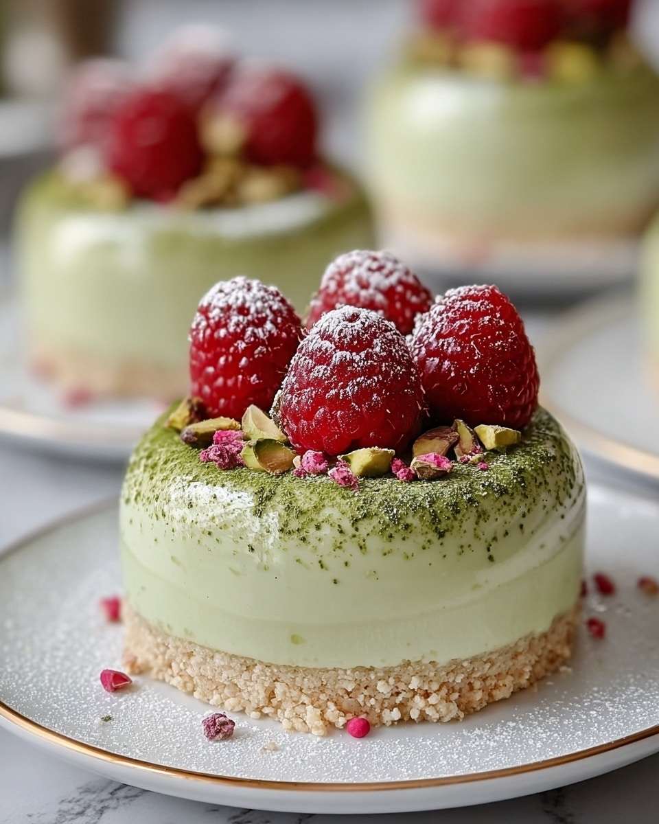 This image shows a small round dessert with three clear layers on a white plate with a gold rim. The bottom layer is a crumbly beige crust. The middle thick layer is light green with a smooth, shiny texture. The top layer is made of green powder sprinkled near the edges, topped with three bright red raspberries in the center. Around the raspberries are scattered small green pistachio pieces and tiny pink seeds, dusted lightly with white powdered sugar. The background is a white marbled texture with other similar desserts blurred out. photo taken with an iphone --ar 4:5 --v 7