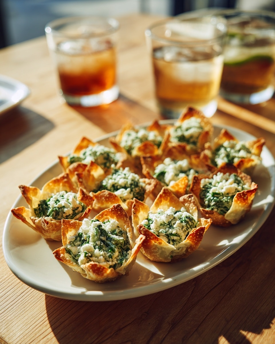 A white plate is filled with small crispy cups made from golden-baked wonton wrappers forming flower-like petals. Each cup is filled with a creamy mixture of bright green spinach and white ricotta cheese, slightly textured and crumbled on top. The cups are arranged neatly, covering the plate's surface, with natural lighting highlighting the golden edges and fresh filling. In the blurred background, there are two clear glasses filled with water and iced tea set on a wooden table. Photo taken with an iphone --ar 4:5 --v 7