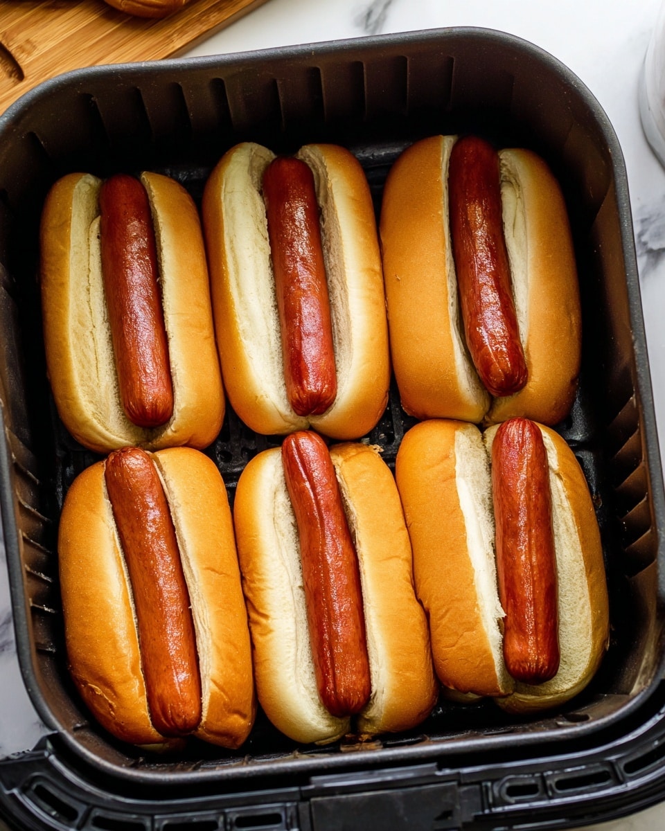 The image shows six cooked hot dogs, each placed inside plain soft white buns. The hot dogs have a shiny brown color and fit snugly into the buns. The buns are split open lengthwise and are light beige in color with a soft texture on the inside. They are all arranged closely together inside a black air fryer basket, which has a grid pattern at the bottom. The whole scene is set against a white marbled background with a wooden cutting board partially visible at the top corner. Photo taken with an iphone --ar 4:5 --v 7
