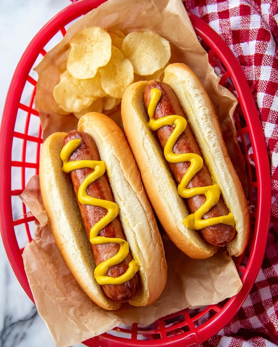 Two hot dogs are placed side by side in a red plastic basket lined with light brown paper. Each hot dog has a golden brown sausage nestled inside a soft, lightly toasted bun. A wavy line of bright yellow mustard runs along the top of each sausage. On the left side of the basket, there is a small pile of light golden potato chips with a crispy texture. The basket sits on a white marbled surface with the edge of a red and white checkered cloth visible in the top right corner. photo taken with an iphone --ar 4:5 --v 7