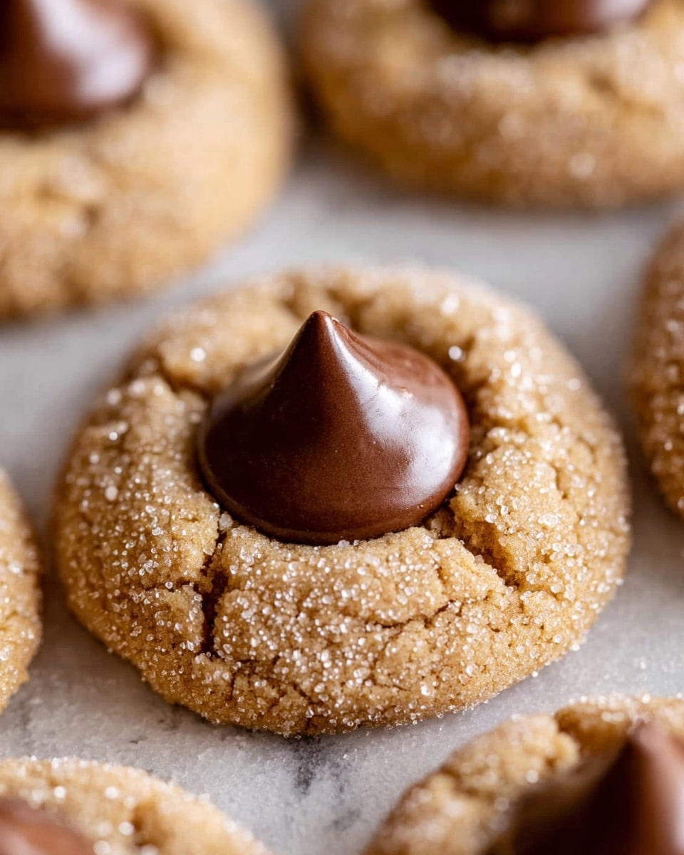The image shows a close-up of round peanut butter cookies with a cracked, sandy-textured surface covered in sugar crystals. Each cookie has a smooth, shiny, dark brown chocolate kiss in the center, forming a single raised layer on top of the golden cookie base. The cookies are laid on a white marbled surface that softly blurs out in the background, highlighting the sharp texture of the cookie’s sugar coating and the glossy chocolate. photo taken with an iphone --ar 4:5 --v 7
