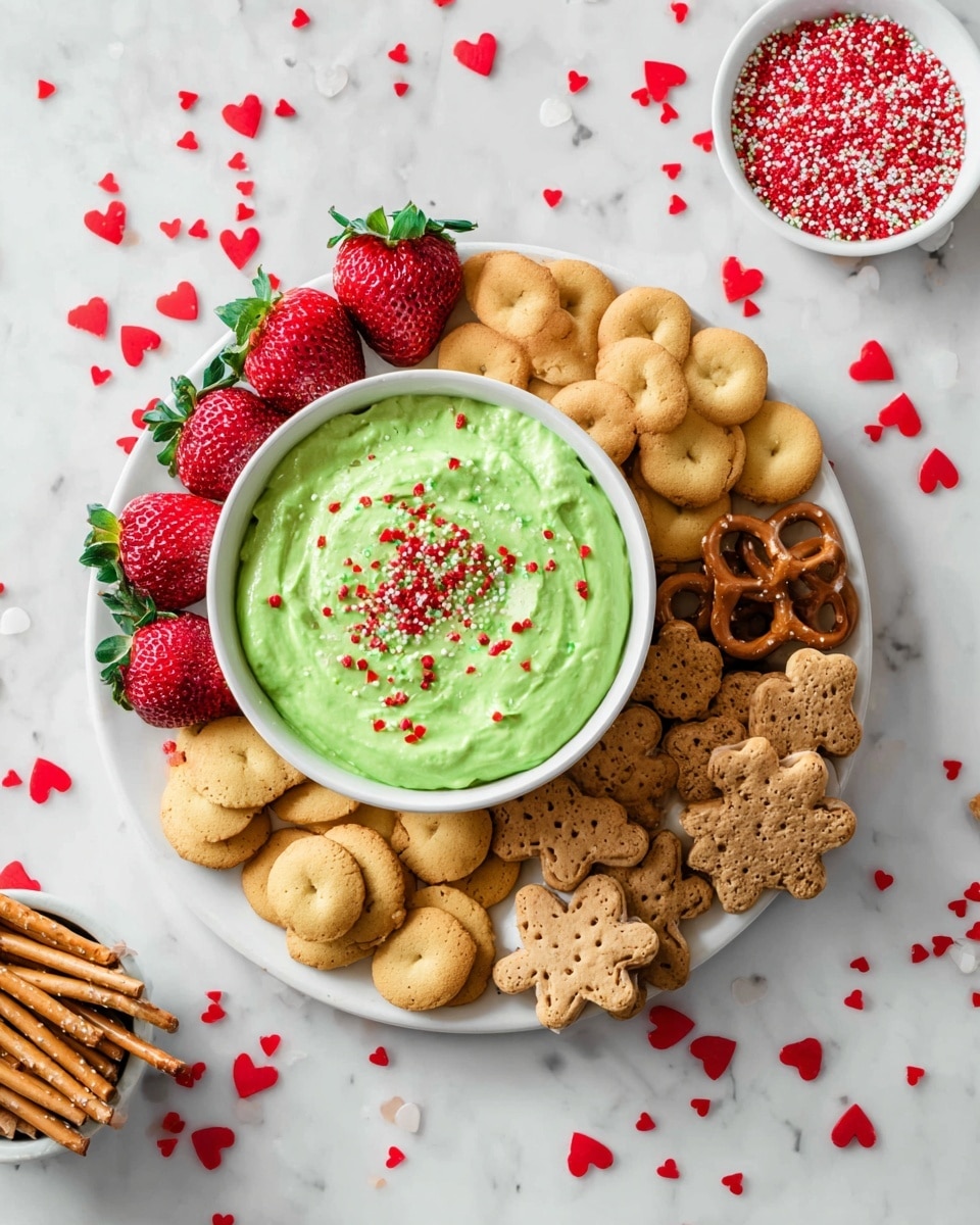 A round white plate holds a bowl of bright green dip in the center, sprinkled with small red heart-shaped sprinkles. Around the bowl, there are several groups of snacks arranged in a circular pattern: red strawberries with green tops on the left, small round golden cookies below them, an assortment of square and flower-shaped cookies at the bottom right, rectangular graham crackers fanned out on the right, and pretzels in the top left section. The plate is set on a white marbled surface with scattered red heart sprinkles and a small white bowl with more red sprinkles near the top right. Photo taken with an iphone --ar 4:5 --v 7