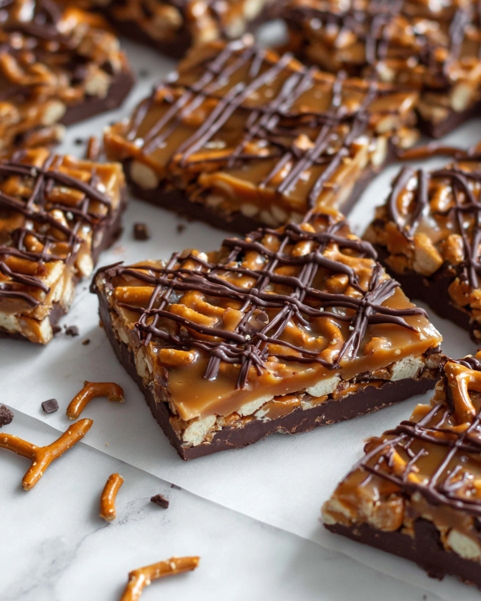 The image shows several square pieces of a layered treat placed closely together on white parchment paper over a white marbled surface. Each piece has a base layer of dark chocolate that looks smooth and firm. Above this is a dense layer of pretzels broken into small pieces, showing their light beige color and crunchy texture. On top of the pretzels is a thick, glossy caramel layer that is rich golden-brown and slightly gooey, spreading unevenly over the pretzels. The top is finished with thin, dark chocolate drizzles in a crisscross pattern, adding a contrast of dark color and shiny texture. Small broken pretzels and chocolate crumbs are scattered nearby, enhancing the rustic look of the sweet treat. photo taken with an iphone --ar 4:5 --v 7