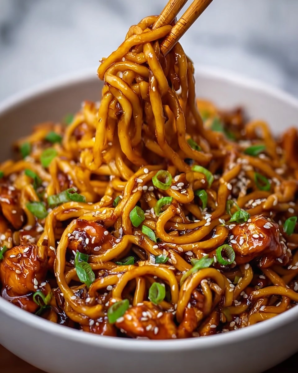 A close-up of a white bowl filled with glossy, brown stir-fried noodles mixed with small pieces of shiny, dark orange chicken, sprinkled with white sesame seeds and bright green chopped spring onions on top. A pair of wooden chopsticks held by a woman's hand lifts a tangled nest of noodles above the bowl, showing the thick, saucy texture and vibrant colors of the dish. The background features a white marbled texture, slightly blurred to focus on the rich, savory layers of noodles and chicken photo taken with an iphone --ar 4:5 --v 7