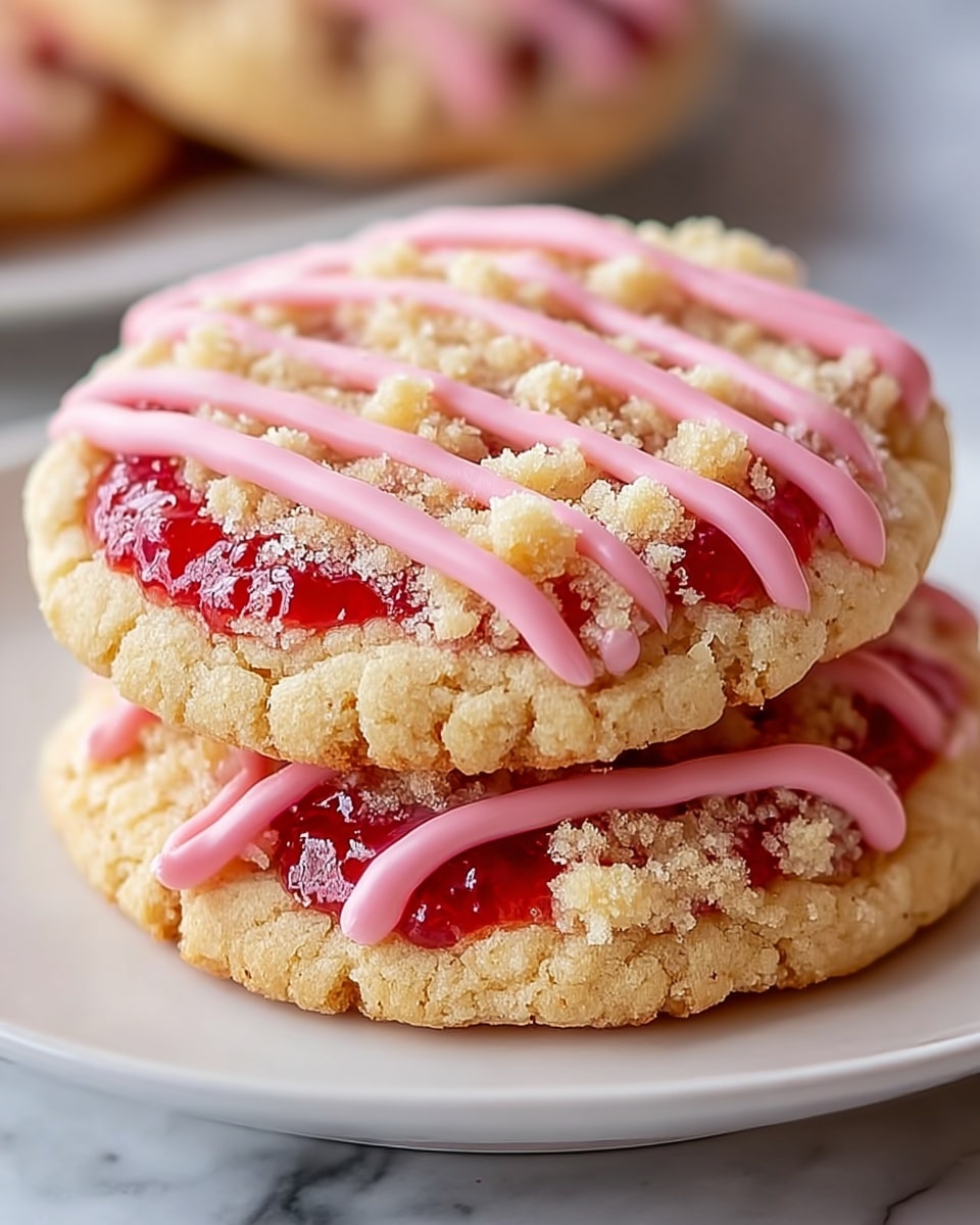 The image shows two round cookies stacked on a white plate, each with three distinct layers. The bottom layer is a light golden-brown crumbly cookie base with a rough texture. The middle layer is a bright red jam, visible through gaps in the crumbly topping, adding a glossy and slightly sticky look. The top layer features a crumbly streusel with small clumps of pale yellow crumbs, scattered unevenly. Over the top layer, there are thick, smooth pink icing stripes applied diagonally across the cookies. The white plate sits on a white marbled surface. Photo taken with an iphone --ar 4:5 --v 7