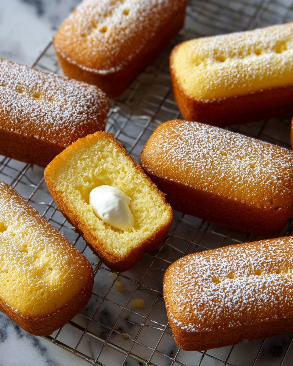 The image shows several small, golden brown rectangular cakes with rounded edges, placed on a wire rack over a white marbled surface. The cakes have a light dusting of powdered sugar on top, adding a soft white contrast to the golden crust. One cake at the center is cut in half, revealing a soft, spongy yellow inside with a small dollop of white cream inside each half. The cakes have a slightly bubbly texture on top and smooth sides, showing they are freshly baked and moist. photo taken with an iphone --ar 4:5 --v 7