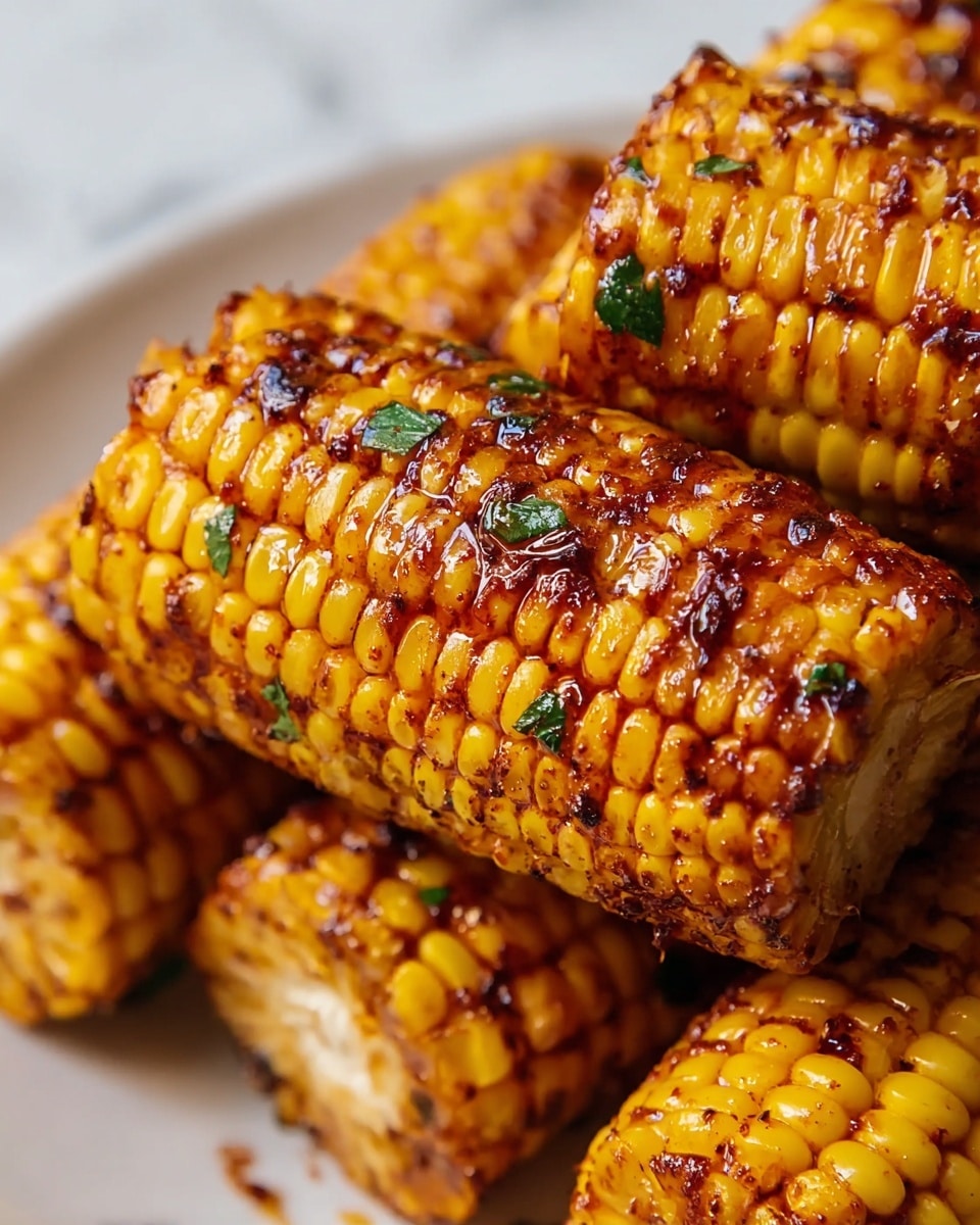 A close-up view of grilled corn on the cob pieces stacked together, showing several layers of bright yellow corn kernels with a shiny, slightly charred and spicy reddish-brown coating on the surface. Small green herb bits are scattered lightly over the top, adding contrast and texture to the golden kernels. The corn pieces appear juicy with varied browning, indicating roasting or grilling, and they rest on a white plate placed on a white marbled surface. photo taken with an iphone --ar 4:5 --v 7