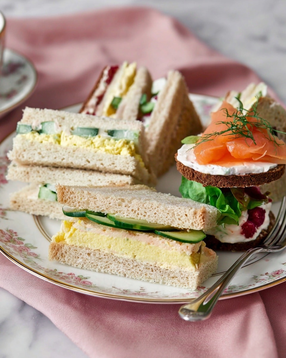 A white floral plate holds five finger sandwiches and one round sandwich. The five finger sandwiches each have three layers of bread with different fillings: one with dark brown bread and cucumber slices in white cream, one with light bread filled with yellow egg salad, and another with light bread containing green lettuce and red berries. The round sandwich has a dark, seeded bread base, topped with a white cream layer, thinly sliced green cucumbers, and a layer of bright orange smoked salmon, finished with a small green herb on top. The plate rests on a soft pink cloth, with a white marbled surface underneath, and a metal fork on the side. Photo taken with an iphone --ar 4:5 --v 7