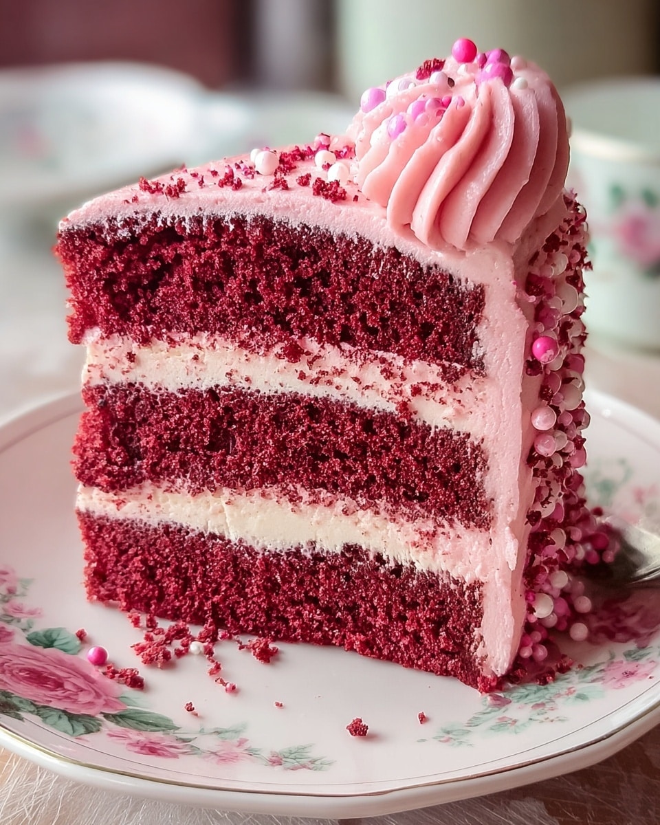 A slice of three-layer red velvet cake is shown on a white plate with floral patterns around the edge. Each cake layer is deep red with a moist, crumbly texture. Between the layers, there are two thick layers of pale pink creamy frosting that looks smooth and soft. The entire slice is covered with the same pink frosting, and the top has a swirl of pink frosting decorated with small white and pink round sprinkles and some fine red crumbs. The background is softly blurred with a white marbled texture surface visible underneath the plate. photo taken with an iphone --ar 4:5 --v 7