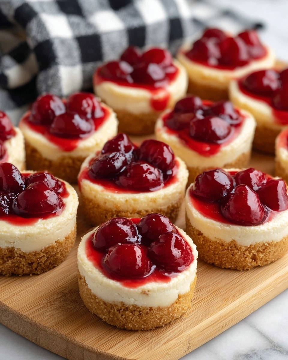 The image shows eleven small, round mini cheesecakes arranged closely on a light wooden board. Each mini cheesecake has three main layers: a thick, golden-brown crumbly crust at the bottom, a smooth and creamy white cheesecake filling in the middle, and a bright, glossy red cherry topping with visible whole cherries and syrup on top. The cheesecakes have a slightly rough texture on the crust, a soft and creamy look in the filling, and a shiny, almost wet appearance on the cherry layer. The background is a white marbled texture with a black and white checkered cloth partially visible in the upper area. photo taken with an iphone --ar 4:5 --v 7