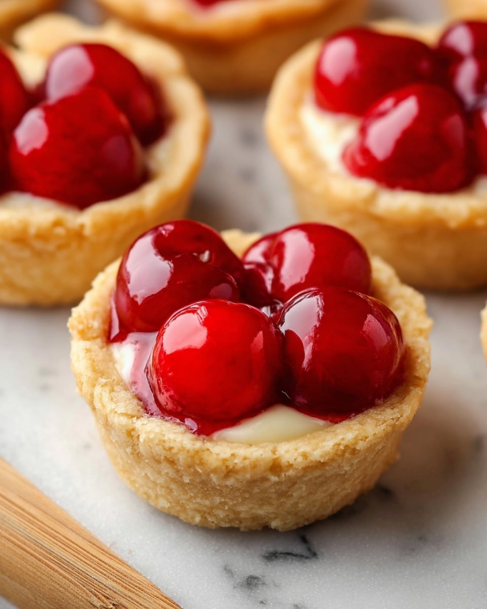 The image shows a close-up of small tartlets with three visible layers: the bottom and outer layer is a light golden brown, slightly crumbly tart shell; the middle layer is a light cream filling that is barely visible under the fruit topping; the top layer has glossy, bright red cherries in a vibrant, shiny red glaze, making the cherries look fresh and juicy. The tartlets are arranged on a white marbled surface that adds a clean and soft background texture. photo taken with an iphone --ar 4:5 --v 7
