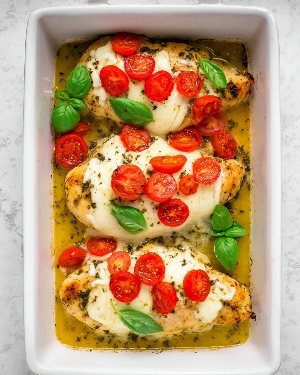The image shows three pieces of cooked chicken breasts in a white rectangular baking dish, each topped with a layer of melted white cheese that covers most of the meat. On top of the cheese, there are several slices of bright red cherry tomatoes, evenly distributed, adding vibrant color. Beneath the chicken, there is a light golden sauce with herbs, and a few fresh green basil leaves are placed on top as garnish. The baking dish is sitting on a white marbled textured surface. photo taken with an iphone --ar 4:5 --v 7