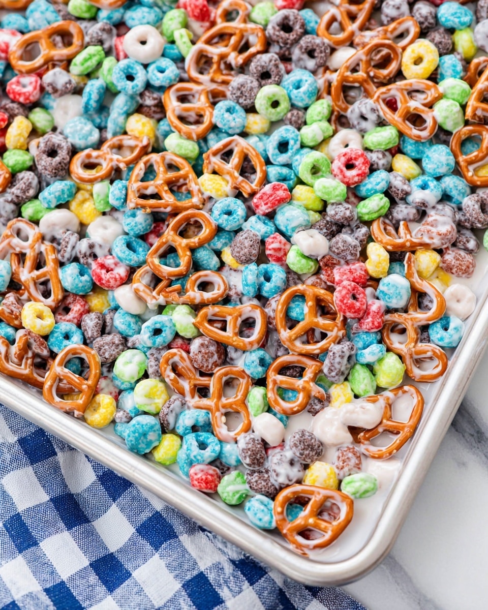 The image shows a close-up of a snack mix spread out on a white baking tray, placed on a white marbled texture surface. The snack consists of colorful round cereal pieces in shades of green, blue, red, yellow, orange, and purple, mixed with pretzel sticks and round chocolate cereal pieces all coated in a shiny white yogurt or white chocolate layer. The mix is evenly spread out, showing a variety of textures: the smooth coating on the pretzel sticks, the glossy cereal loops, and the small round chocolate pieces. A blue and white checkered cloth is partially visible in the background. photo taken with an iphone --ar 4:5 --v 7