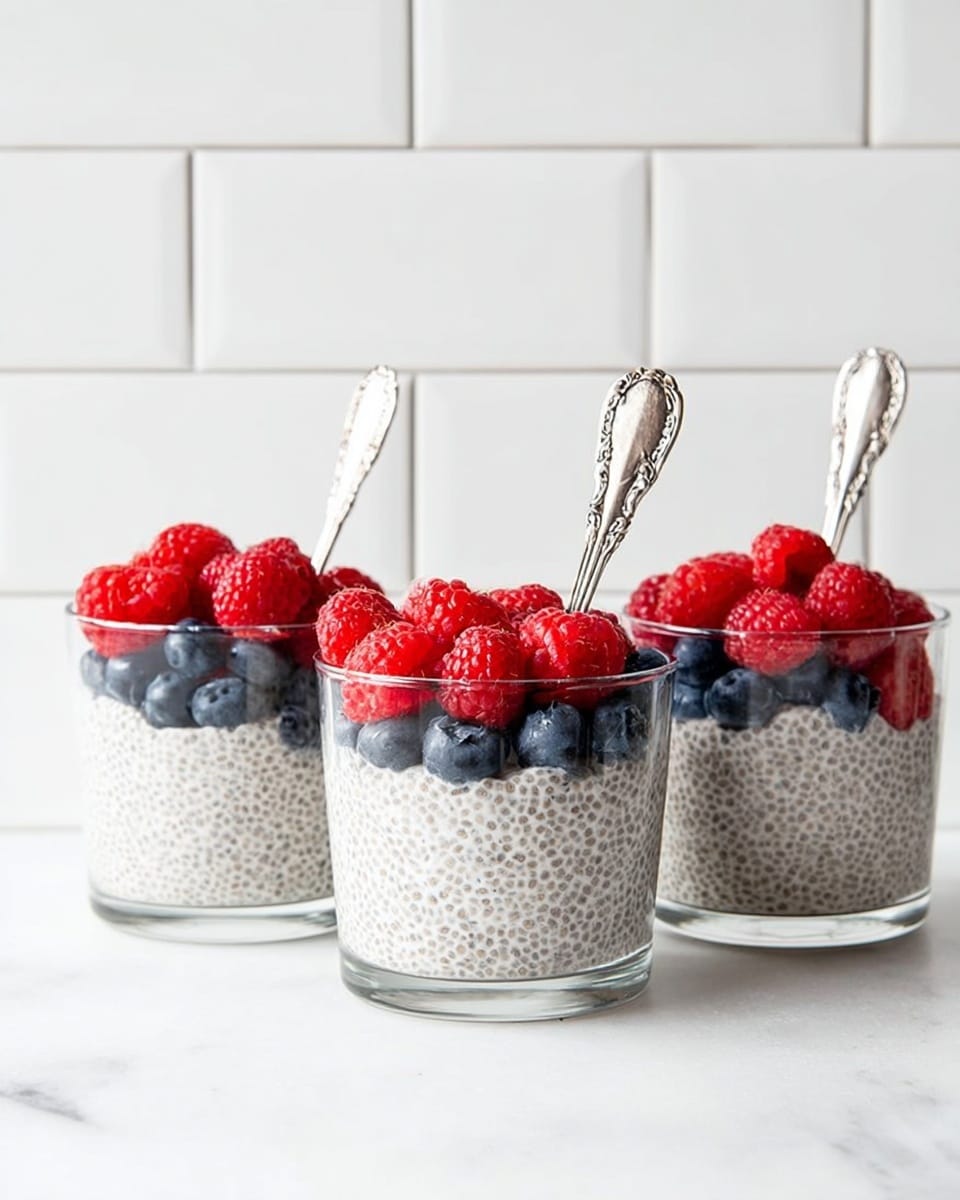 Two clear glass cups are filled with a creamy white chia pudding speckled with tiny black chia seeds, filling about four-fifths of each cup. On top of the pudding is a layer of scattered white coconut flakes and dark blue blueberries, followed by a final layer of bright red raspberries that pile slightly above the rim. The cups sit on a round white marble surface. In the background, a white bowl full of blueberries is partially visible, while in the foreground, a small white bowl overflows with more raspberries. The setting is bright with a white marbled texture beneath and a plain white background. Photo taken with an iphone --ar 4:5 --v 7
