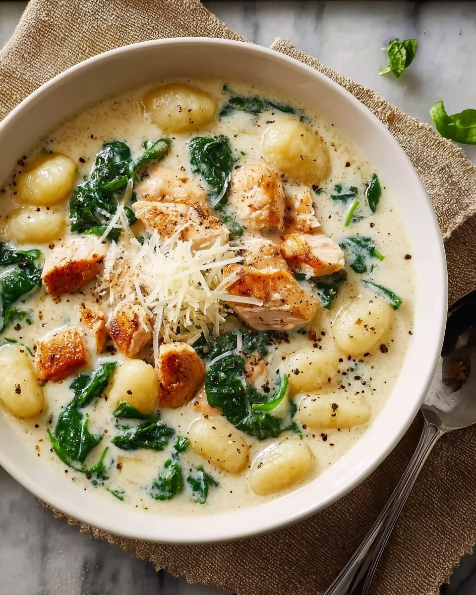 A white bowl filled with creamy soup that has soft, pale yellow gnocchi evenly mixed throughout. Light brown grilled chicken pieces with a slight crisp are scattered on top, along with bright green spinach leaves. The creamy white broth has small black pepper specks and a smooth texture, with a small pile of shredded white cheese in the center. The bowl sits on a beige cloth on a white marbled surface, with a silver spoon placed to the right side of the bowl. photo taken with an iphone --ar 4:5 --v 7
