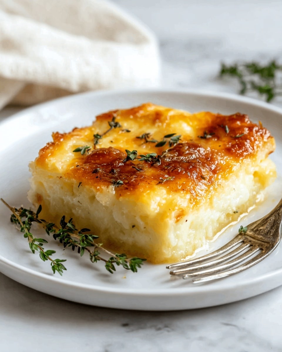 A golden square piece of baked dish sits on a white plate placed on a white marbled surface. The dish has two visible layers: a smooth, soft, light yellow bottom layer and a top layer that is slightly crispy with bubbling melted cheese showing shades of golden brown. Small sprigs of fresh green thyme are placed on and around the dish for garnish. A silver fork rests beside the plate, with parts of a light cream-colored cloth softly blurred in the background. photo taken with an iphone --ar 4:5 --v 7