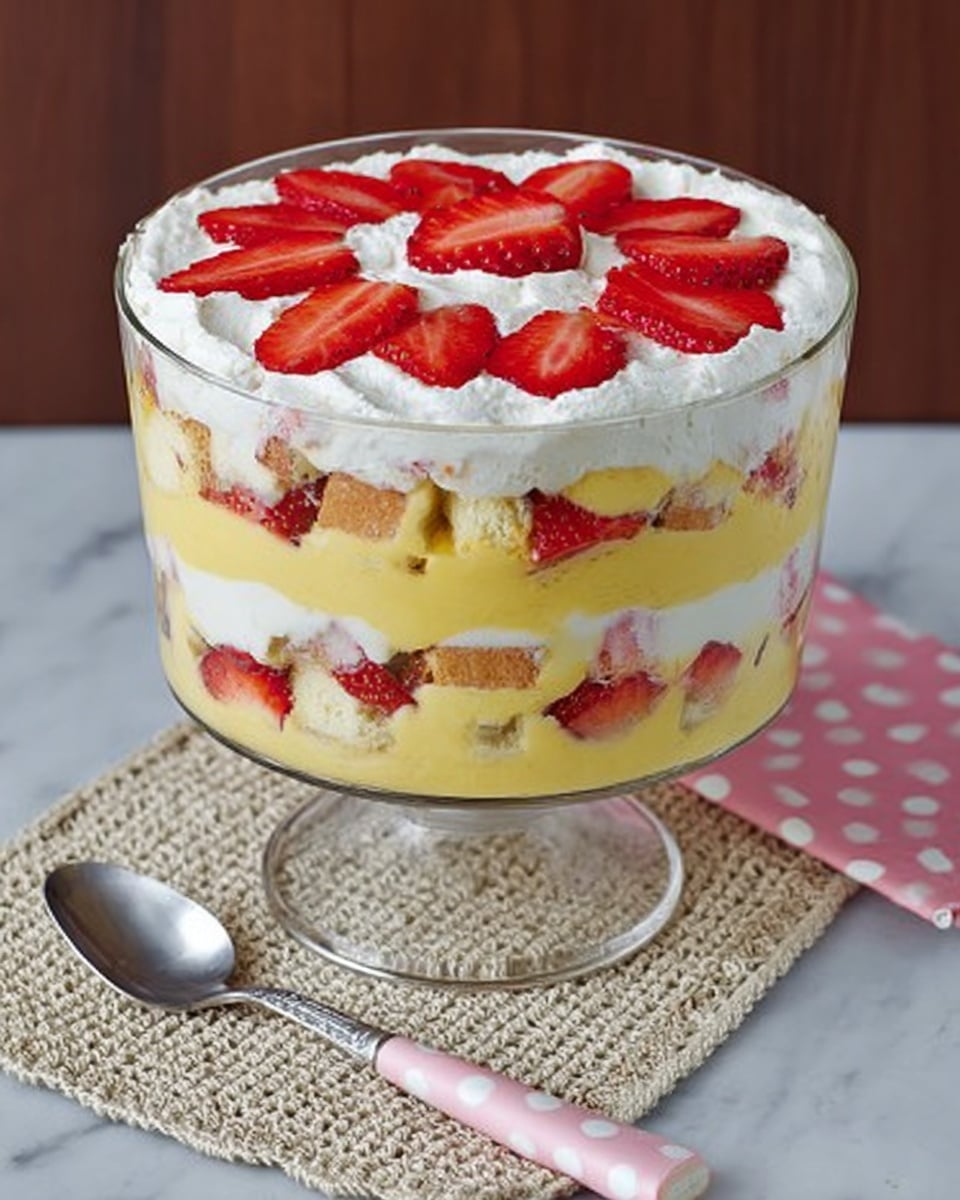 The image shows a glass trifle bowl filled with a layered dessert placed on a white marbled surface with a beige crocheted mat underneath. The dessert has four distinct layers: at the bottom, there is a layer of yellow custard, followed by a layer of white whipped cream mixed with chunks of light brown cake and pieces of red strawberry, then another layer of yellow custard, and another layer of whipped cream with strawberries and cake bits. The top layer is white whipped cream adorned with evenly spaced, bright red strawberry slices in a circular pattern. Next to the bowl is a spoon with a silver head and a white handle with pink polka dots. photo taken with an iphone --ar 4:5 --v 7