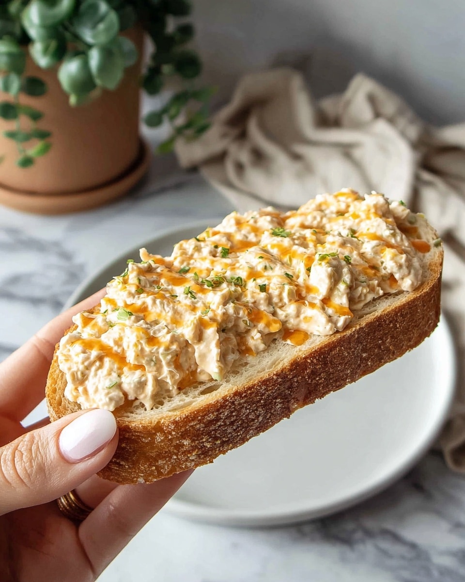 A close-up view of a single slice of thick toasted bread held by a woman's hand, showing a creamy, chunky spread on top with a light beige color mixed with small green bits and an orange drizzle running across the middle. The bread has a golden-brown crust and a porous, soft inside. In the background, there is a white plate resting on a white marbled surface, with a blurred beige cloth and a green plant in a brown pot behind it. photo taken with an iphone --ar 4:5 --v 7