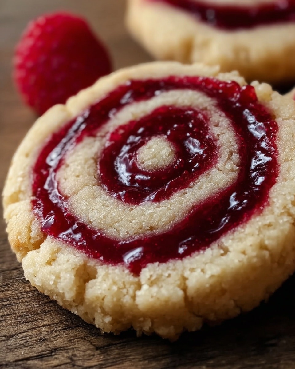 A close-up of a round cookie with two visible layers: the bottom layer is light beige with a rough, crumbly texture, and the top layer is a glossy, deep red jam spread in a spiral pattern from the center to the outer edge of the cookie. The surface beneath the cookie is a wooden table, and part of a bright red raspberry is visible beside the cookie in the top left corner. photo taken with an iphone --ar 4:5 --v 7