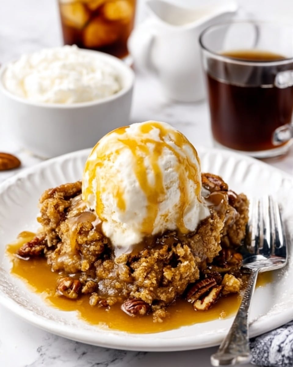 The image shows a white plate with a large serving of warm pecan pie crumble as the base layer, featuring a golden-brown, crumbly texture mixed with whole pecans. On top of the crumble is a large scoop of creamy white vanilla ice cream, drizzled generously with golden caramel sauce that runs down the sides. A silver fork rests on the right edge of the plate. In the background, a glass of iced coffee and a small bowl of white whipped cream sit on a white marbled surface. Photo taken with an iphone --ar 4:5 --v 7