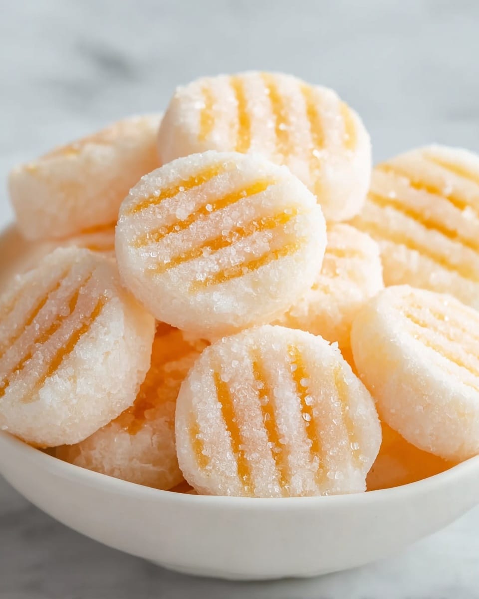 The image shows a close-up view of several small, round sweets stacked in a white bowl. Each sweet is pale white with a slightly rough texture and has thin, parallel orange-yellow lines running across the top. The sweets look soft yet firm, with granulated sugar crystals visible on the surface, adding a delicate sparkle. The background is a white marbled texture, giving a clean and bright look to the setting. photo taken with an iphone --ar 4:5 --v 7