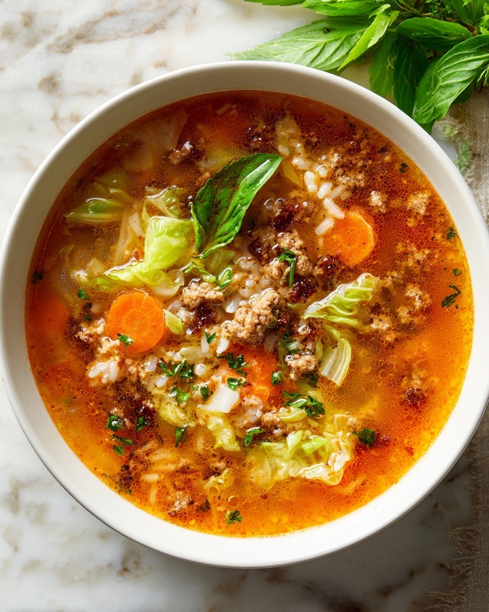 A white bowl filled with a rich, orange-red soup showing several layers of ingredients; the top layer has chunks of light green cabbage with a soft, wilted texture, scattered small dark brown cooked ground meat pieces, thinly sliced orange carrot rounds, and bits of white cooked rice; the broth looks thick and smooth with a glossy surface and some finely chopped green herbs sprinkled over for garnish; in the background, there is a hint of leafy green herbs on a white marbled surface. photo taken with an iphone --ar 4:5 --v 7