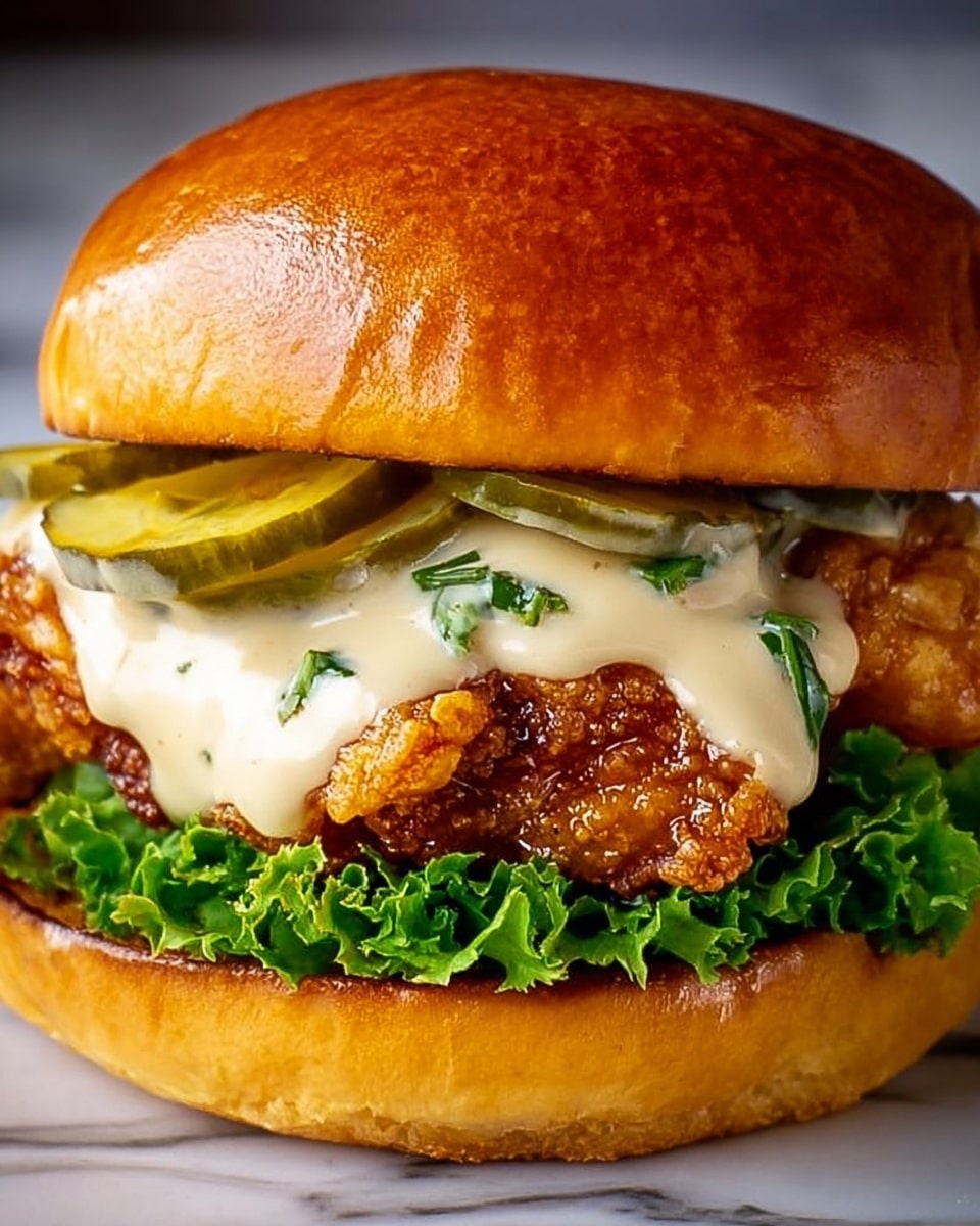 A close-up view of a burger with six visible layers: the top layer is a shiny, golden brown soft bun with a smooth texture; beneath it are thin slices of pickles, light green with a slightly translucent look; next is a creamy white sauce with small green herb bits dripping over crispy, golden-brown fried chicken pieces that have a crunchy texture; below the chicken is a fresh, vibrant green leaf of curly lettuce adding a crisp look; the bottom layer is a glossy, soft golden-brown bun; the background is a white marbled texture. photo taken with an iphone --ar 4:5 --v 7