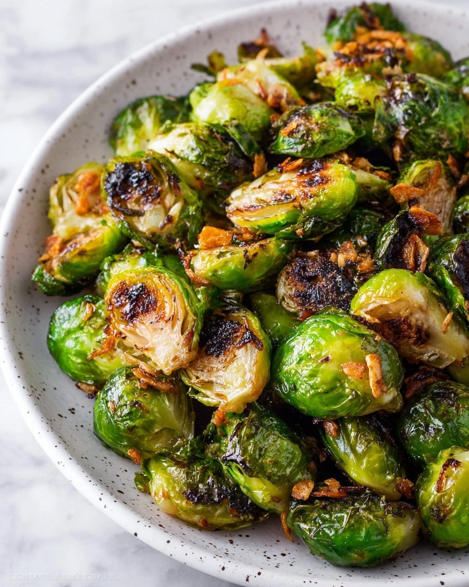 A close-up of roasted Brussels sprouts piled on a white plate with small black speckles, sitting on a white marbled surface. The Brussels sprouts are halved, showing layers of bright green leaves with charred dark brown spots on some edges. Scattered among them are golden crispy bits that add texture and contrast. The overall look is rustic and crispy, with shiny and slightly oily surfaces on the Brussels sprouts. photo taken with an iphone --ar 4:5 --v 7