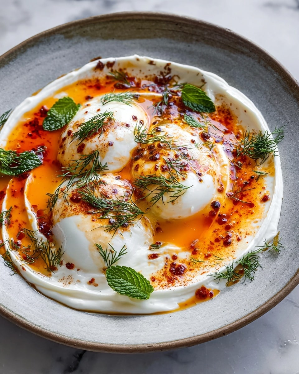 A rustic, grey-edged white plate holds a dish with three main layers: the bottom layer is a thick, creamy white sauce spread in a circular pattern; on top sit two smooth, glossy white poached eggs with delicate textures, slightly wet and shiny. Surrounding and drizzled over the eggs is a vibrant orange-red oily sauce with specks of spices, creating a warm, slightly bubbling effect. Small green herb sprigs, including dill and mint, are placed around and on the eggs, adding fresh green color contrast. The plate is set on a white marbled texture surface. photo taken with an iphone --ar 4:5 --v 7