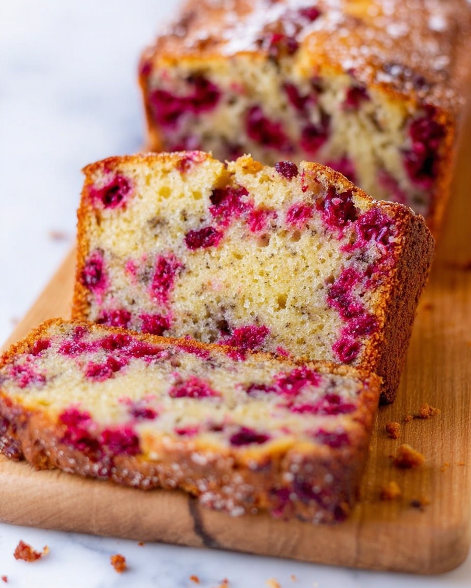 The image shows a sliced loaf of berry cake resting on a wooden board over a white marbled surface. The cake has two main layers: a golden-brown crust surrounding a soft, light beige inside filled with many bright red berries spread evenly throughout. The texture of the crust is slightly crumbly and rough, while the inside looks moist and dotted with juicy berries. Crumbs from the cake are scattered around it on the board, adding to the fresh-baked feel. The photo is close-up and clear, focusing on the texture and color contrast between the crust and berry-studded interior. Photo taken with an iphone --ar 4:5 --v 7