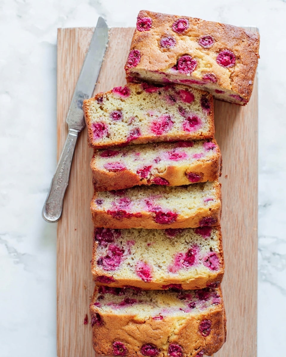 A wooden board on a white marbled surface holds six slices of a loaf cake arranged in a staggered stack. The cake has a golden-brown crust and a moist interior speckled with bright red raspberries evenly spread throughout each slice. The texture looks soft and slightly crumbly. At the top left corner of the image, there is a silver knife lying flat on the white marbled surface. One loaf end piece is placed at the top of the board, showing its top crust dotted with raspberries. The whole scene is bright and clean, focusing closely on the cake slices. photo taken with an iphone --ar 4:5 --v 7