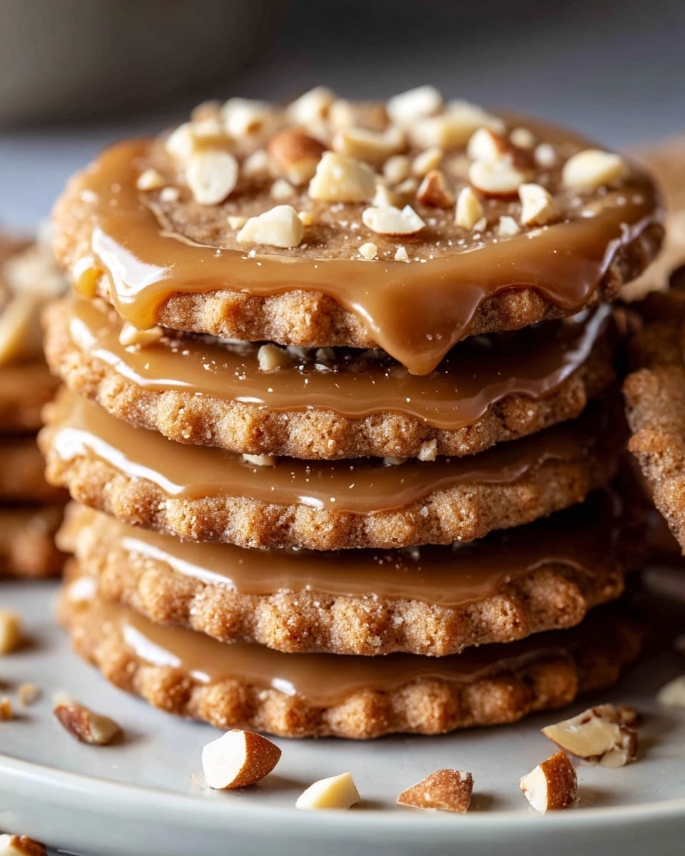 A close-up of a stack of six round cookies with a light brown rough texture, each layered with a shiny caramel-colored glaze that drips slightly over the edges. The top cookie is garnished with small, unevenly chopped nut pieces that add texture and contrast with their creamy beige and light brown colors. The cookies are arranged on a white plate, sitting on a white marbled surface with scattered nut bits around them. The lighting highlights the glossy caramel and the crunchiness of the nuts, making the stack look rich and inviting. Photo taken with an iphone --ar 4:5 --v 7