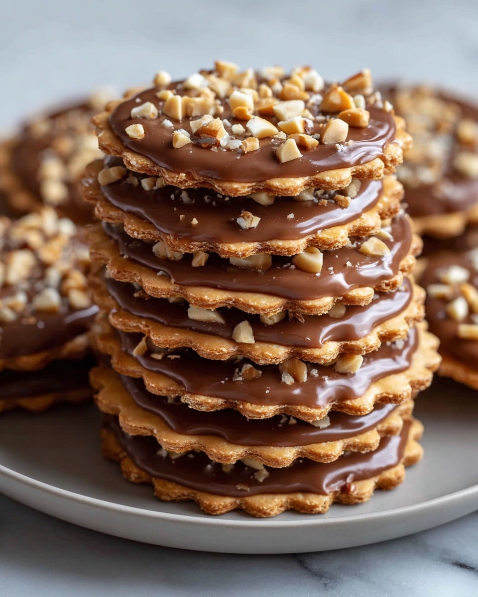 A tall stack of round, light brown crackers with scalloped edges, each topped with a smooth, glossy layer of milk chocolate and sprinkled with small, uneven pieces of chopped nuts in light beige and cream tones; the layers alternate between crackers and chocolate, creating a textured, slightly shiny surface, all arranged on a simple white plate set against a white marbled surface. photo taken with an iphone --ar 4:5 --v 7