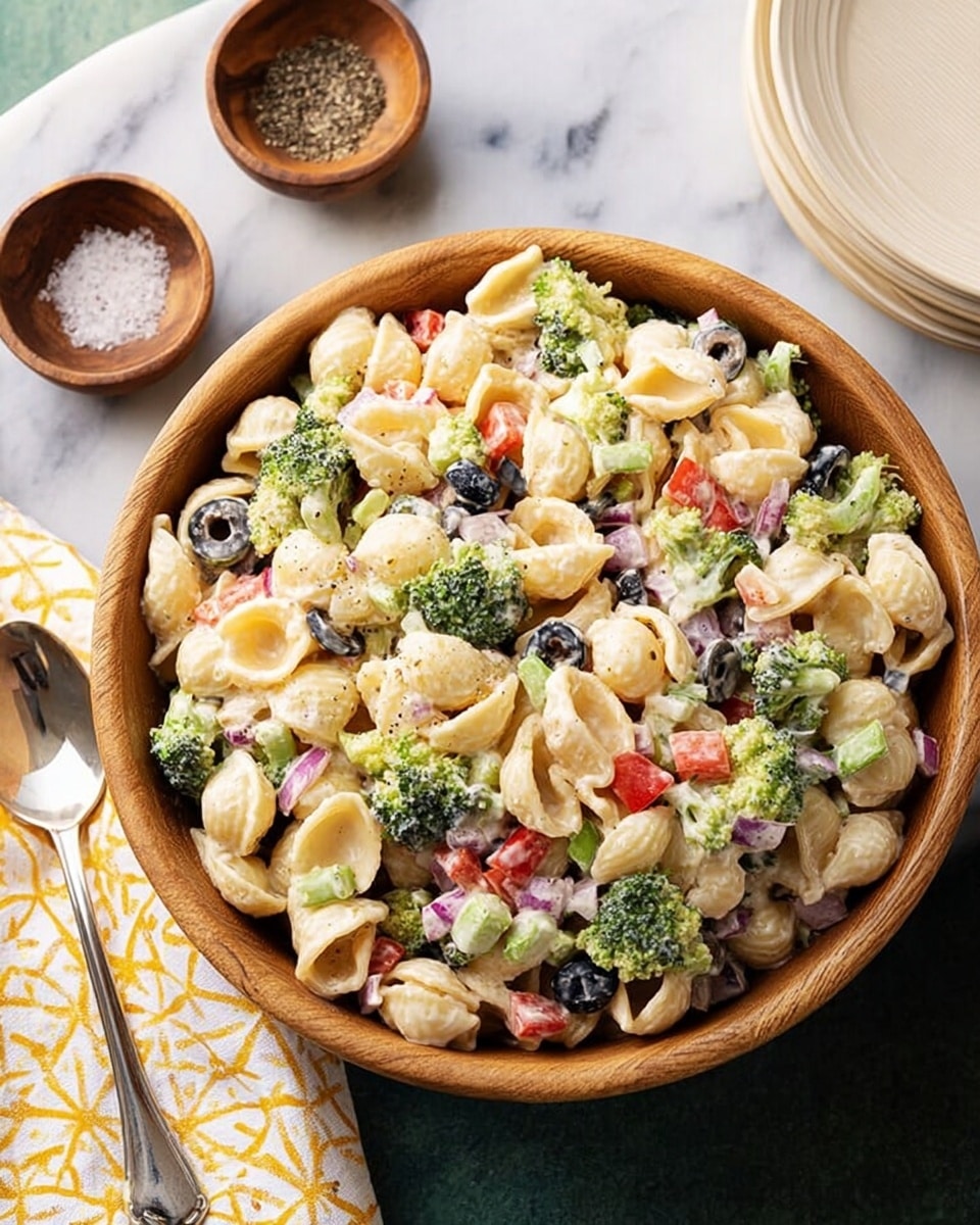 The image shows two beige scalloped-edge plates filled with shell pasta salad, placed on a white marbled surface. The pasta shells are light yellow and mixed with small pieces of green broccoli, black olive slices, chopped cucumber, diced red bell pepper, and small white onion pieces, creating a colorful mix. A wooden bowl with more pasta salad is visible in the background. To the right, there are two small wooden bowls—one with salt and the other with black pepper. A white napkin with gold patterns is placed near the plates, adding a cozy touch. The photo taken with an iphone --ar 4:5 --v 7