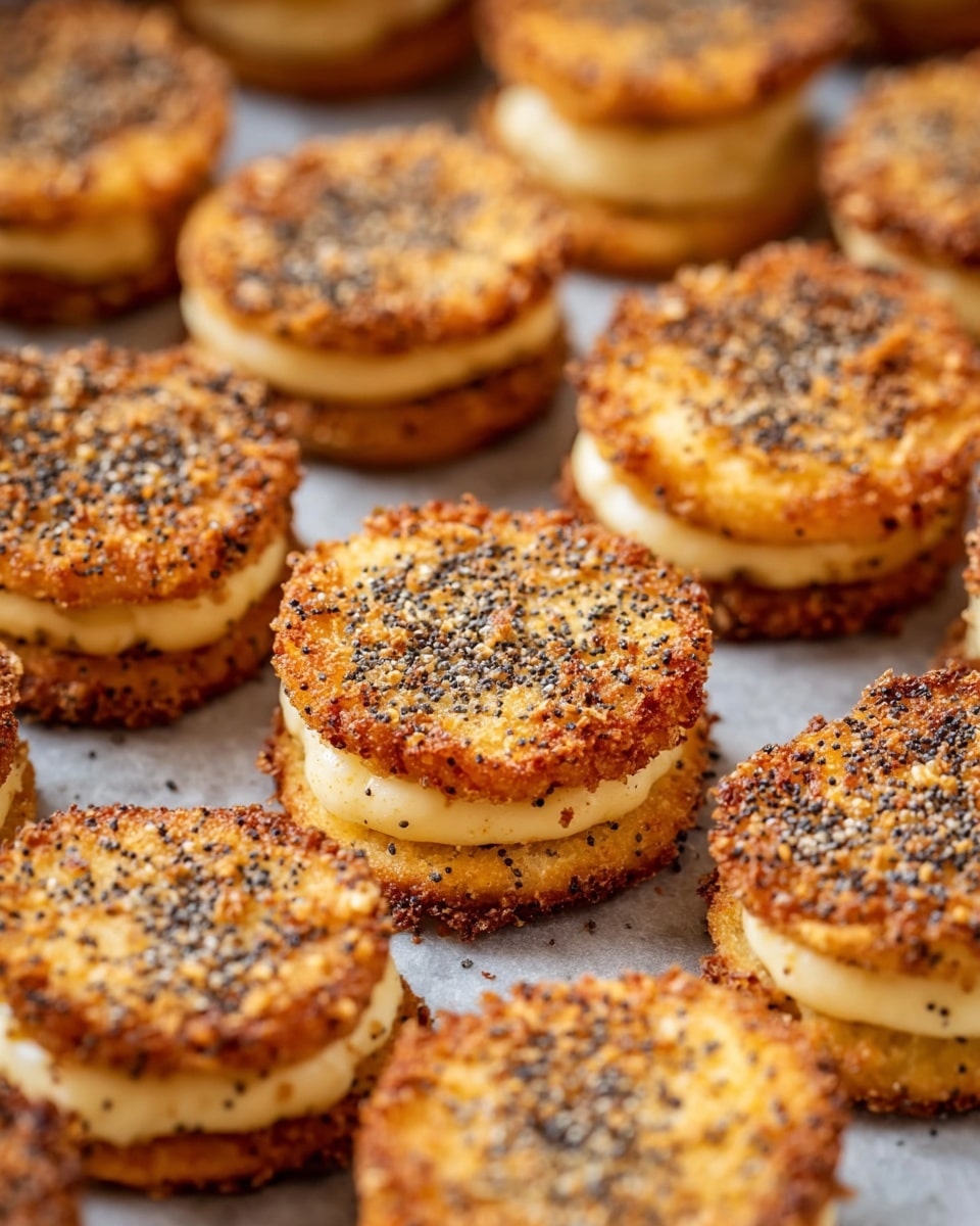 Multiple round, golden-brown crispy sandwiches arranged closely together on a baking tray, each with two thin layers of crunchy texture coated with black poppy seeds and a middle smooth, creamy pale yellow filling layer. The top and bottom layers have an uneven, lacy edge giving a crunchy look, and the poppy seeds add a speckled pattern. The creamy center appears thick and slightly glossy, held neatly between the two crispy layers. The background shows more of the same sandwiches slightly blurred on a white marbled texture. photo taken with an iphone --ar 4:5 --v 7