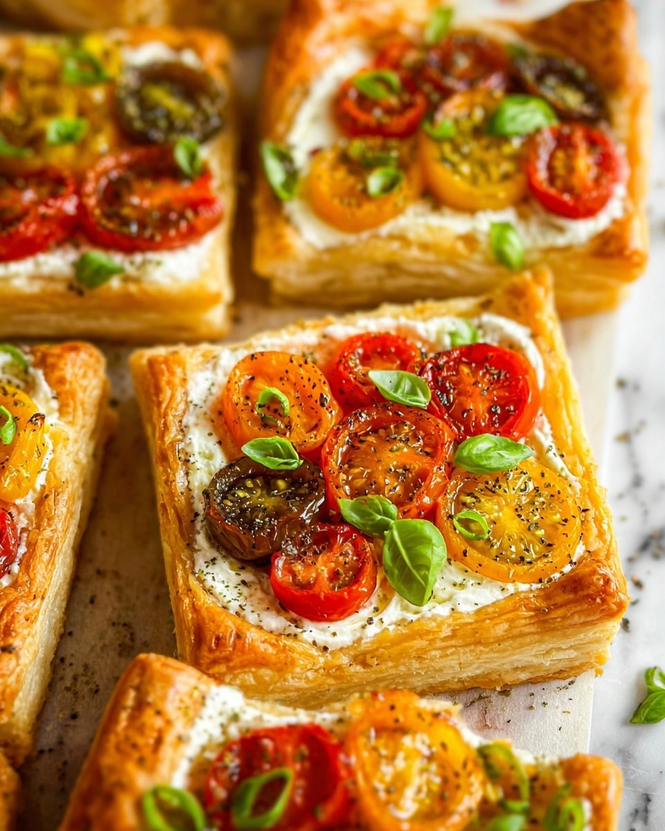 The image shows several square-shaped tarts with a golden brown puff pastry crust as the base layer, each topped with a creamy white cheese layer. On top of this cheese layer, there are colorful slices of red, yellow, and orange cherry tomatoes, sprinkled with black pepper and small green basil leaves. The tarts are placed closely together on a piece of brown parchment paper, all set on a white marbled surface. The textures range from the flaky, crispy edges of the pastry to the smooth cheese and juicy tomato slices, giving a fresh and vibrant look. Photo taken with an iphone --ar 4:5 --v 7
