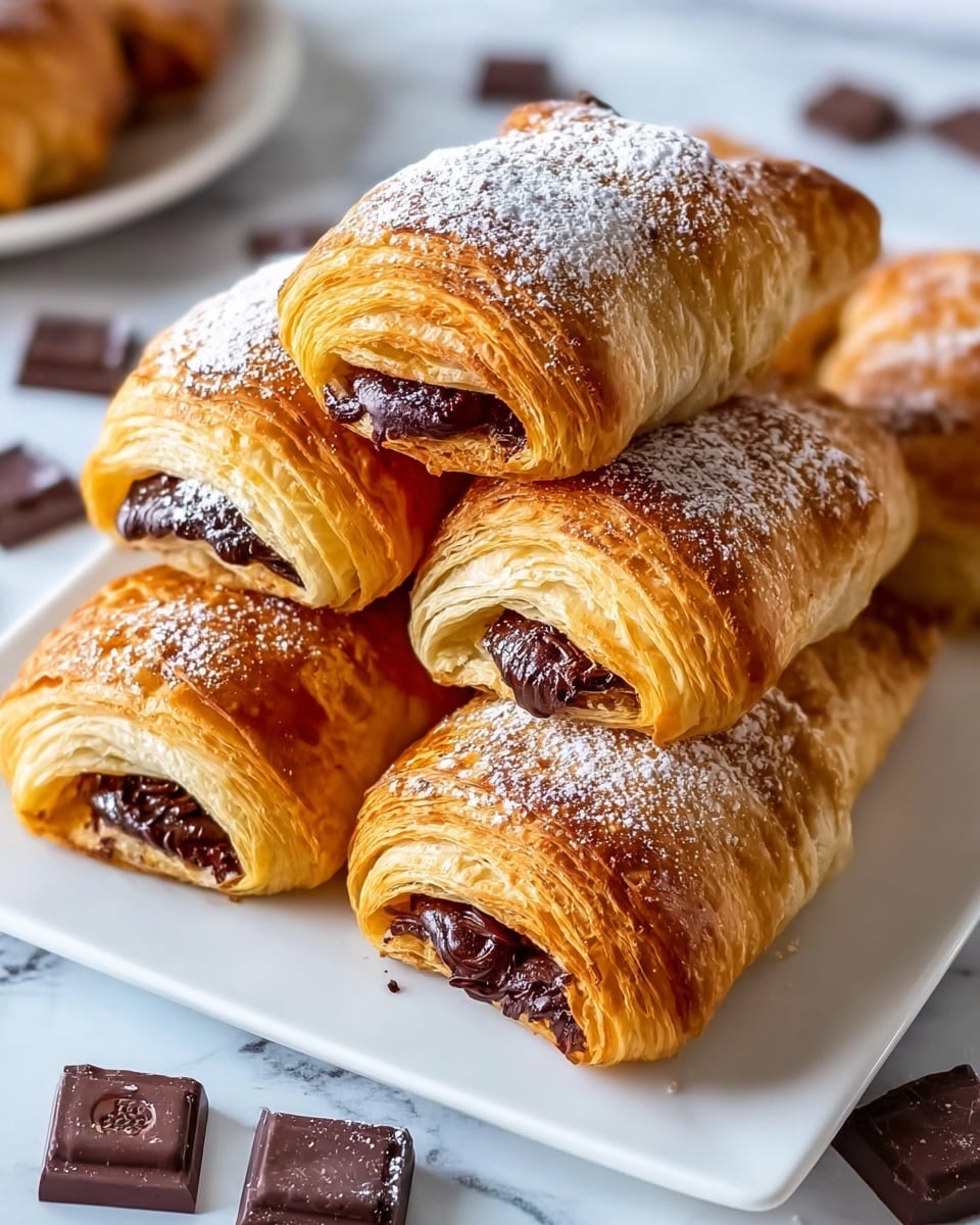 The image shows a close-up of several golden-brown chocolate croissants stacked on a white rectangular plate. Each croissant has multiple flaky layers, with a rich, dark chocolate filling visible inside the open ends. The tops of the croissants are sprinkled with a light dusting of powdered sugar. Around the plate, there are scattered small chunks of dark chocolate on a white marbled surface, adding contrast to the warm tones of the croissants. The overall look is inviting and fresh. photo taken with an iphone --ar 4:5 --v 7