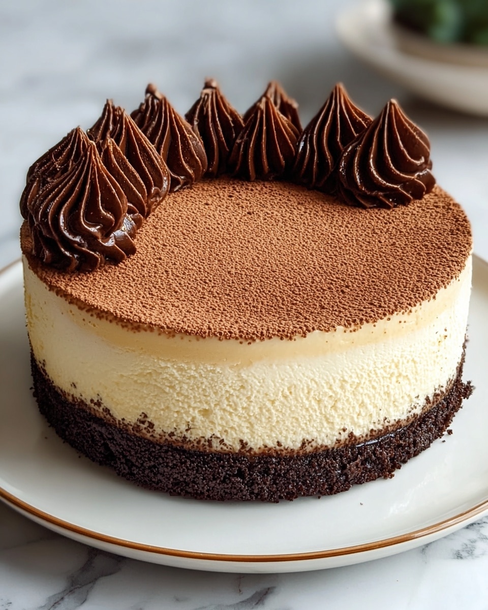 The dessert is a round cake with three visible layers, placed on a white plate with a slight gold rim, sitting on a white marbled surface. The bottom layer is dark brown, crumbly, and dense, resembling a chocolate crust. The middle layer is thick, creamy, and pale beige, with a smooth texture. The top layer is a fine dusting of cocoa powder covering the entire surface. Around the edge on one side, there are ten rich, dark brown swirls of chocolate cream, thick and glossy, adding decoration and texture contrast to the cake. Photo taken with an iphone --ar 4:5 --v 7