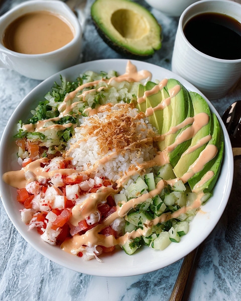 A white bowl contains a colorful layered salad with five distinct sections: at the top center, there is a layer of cooked white rice with a drizzle of light orange creamy sauce; to the right, three slices of green avocado sit next to pale green cucumber chunks; on the left side, finely chopped green herbs fill one section, and below them, diced red and white crab stick pieces form another section. The whole dish is topped with a sprinkling of crispy brown crumbs and drizzled with more light orange creamy sauce. The bowl sits on a white marbled surface with a cut avocado and cups of sauce and black coffee nearby. Photo taken with an iphone --ar 4:5 --v 7