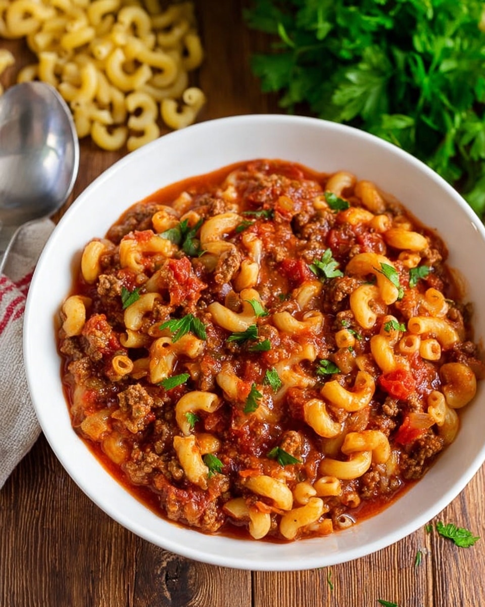 The image shows a white bowl filled with a thick macaroni and meat sauce. The dish has several layers visible: small curved macaroni pasta mixed evenly with ground meat pieces and diced tomatoes in a rich red tomato sauce. The texture looks hearty and slightly chunky, with bright green herb bits sprinkled on top for color. The bowl is set on a wooden surface with some uncooked macaroni scattered around and a bunch of fresh green parsley in the background. A silver spoon rests beside the bowl. Photo taken with an iphone --ar 4:5 --v 7